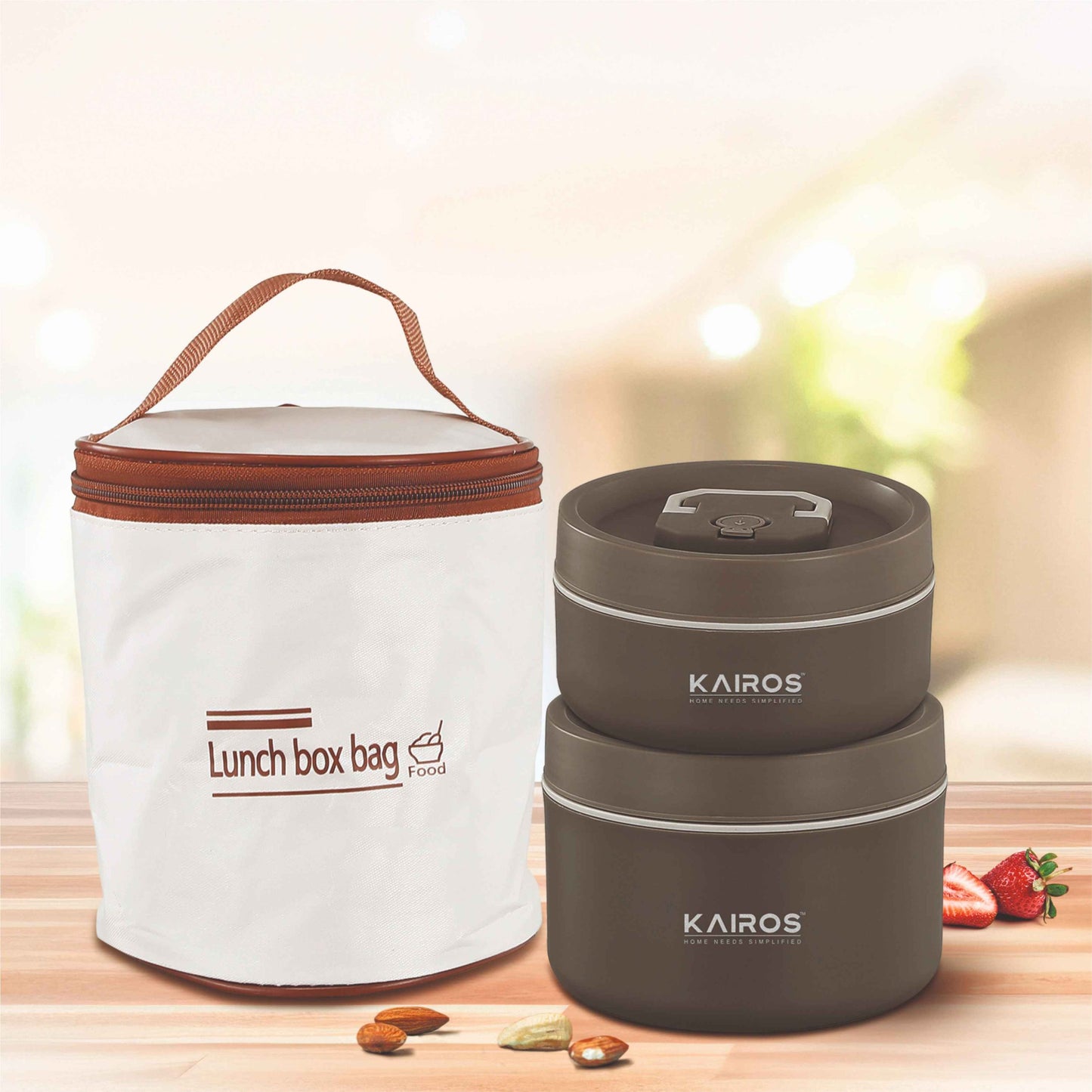 KAIROS Triple Guard Lunch Box-2 Round Tiffin Boxes with Lid 1 Insulated Bag (300ml and 500ml) | Leakproof Stainless Steel Lunch Box + Insulated Bag
