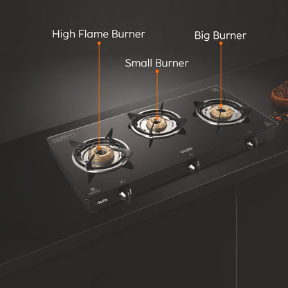 3 Burner Glass Gas Stove with High Flame Brass Burner - Black (1030 GT HF BB BL)