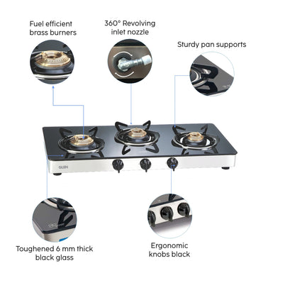 GLEN 3 Burner LPG Glass Gas Stove with Brass Burner (CT1031GTEX)