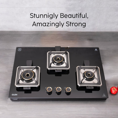 GLEN 3 Burner Swift Glass Gas Stove with Multi Ring Forged Brass Burners (CT1038GTBLSWIFT)