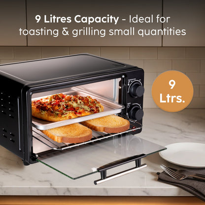 GLEN 9L Oven Toaster | 800W SS Heating Elements, 30-Minute Timer & Ergonomic Knobs – Black (SA5009E)"
