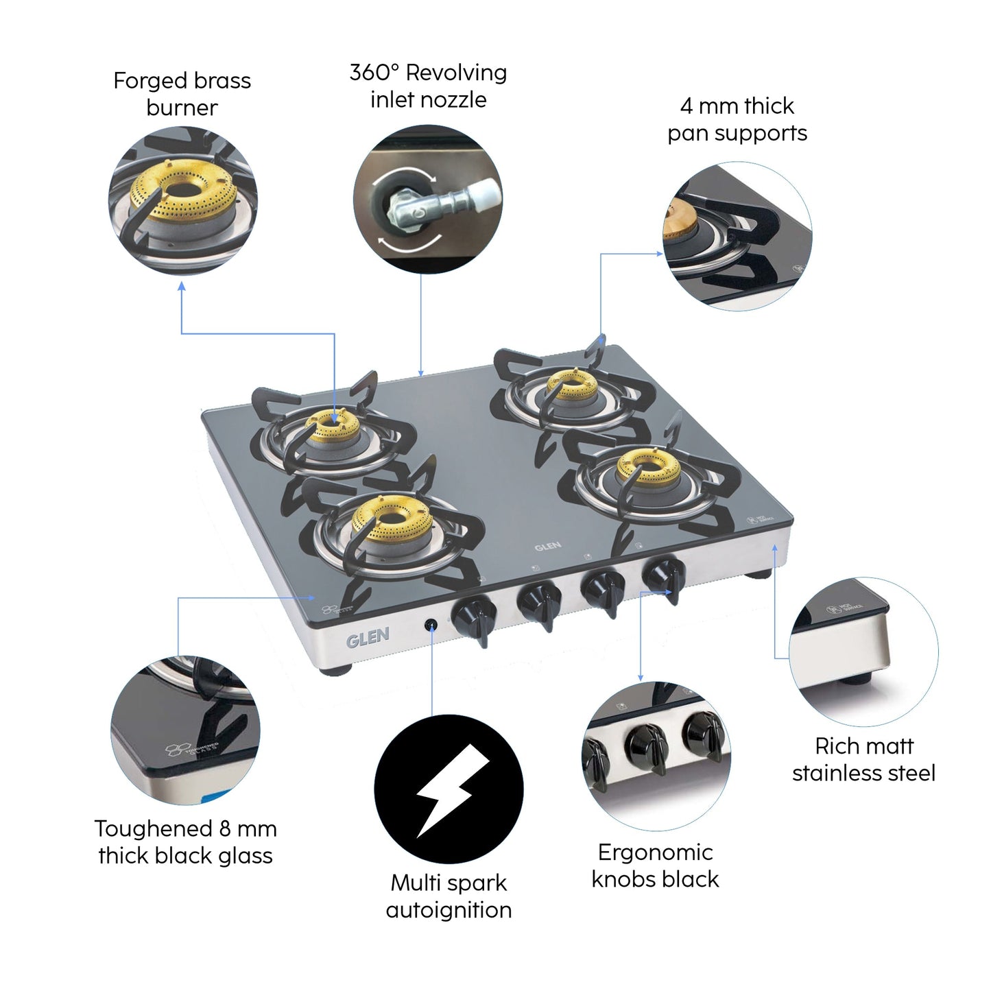 4 Burner  Glass Gas Stove 1 High Flame 3 Forged Brass Burners Auto Ignition 60 CM (1042 GT FB AI)