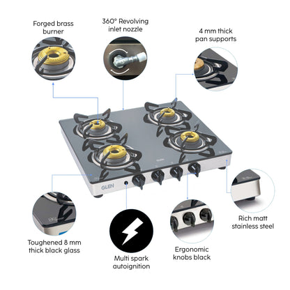 4 Burner  Glass Gas Stove 1 High Flame 3 Forged Brass Burners Auto Ignition 60 CM (1042 GT FB AI)