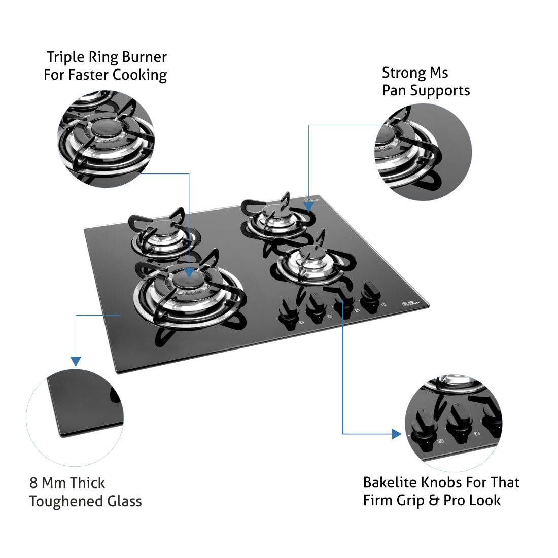 4 Burner Built in Glass Hob Triple Ring Burner European Sealed Burners Auto Ignition (1065 TRG)