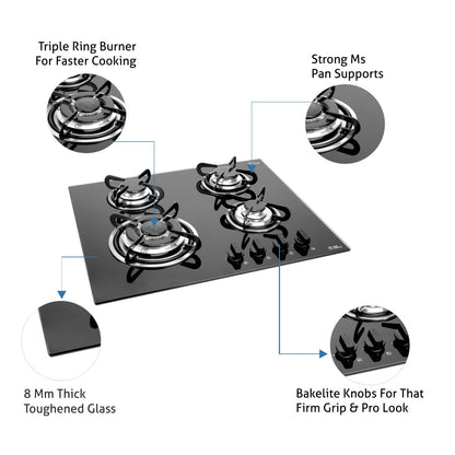 4 Burner Built in Glass Hob Triple Ring Burner European Sealed Burners Auto Ignition (1065 TRG)