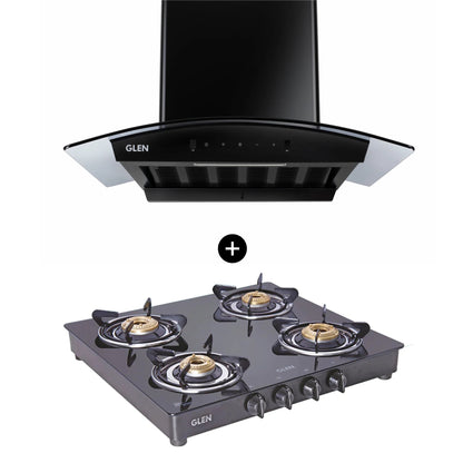 4 Burner Gas Stove Brass Burner (1043 GT) + Auto Clean Chimney with Motion Sensor 60cm 1200 m3h (6058 BL AC)