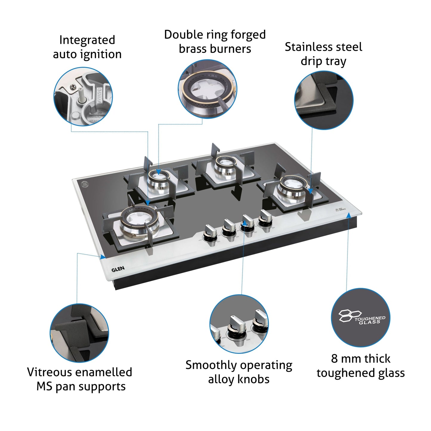 4 Burner Glass Hob Top with Double Ring Forged Brass Burner Auto Ignition (1074 SQ HT BW)