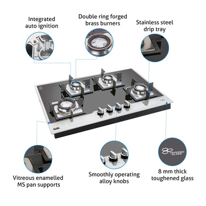 4 Burner Glass Hob Top with Double Ring Forged Brass Burner Auto Ignition (1074 SQ HT BW)