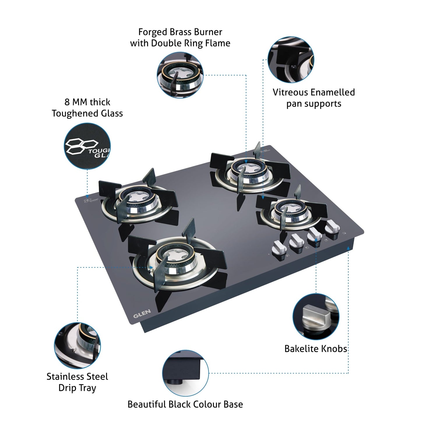 Glen 4 Burner Black Glass Hob Top 60
