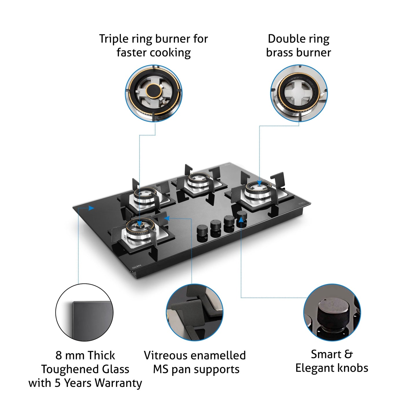 4 Burner Glass Gas Hob Top Mini Triple Ring Burner Double Ring Forged Brass Burner Auto Ignition (1074SQHTMTR)