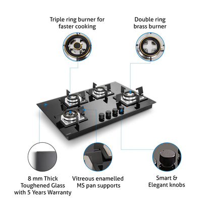 4 Burner Glass Gas Hob Top Mini Triple Ring Burner Double Ring Forged Brass Burner Auto Ignition (1074SQHTMTR)