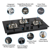 3 Burner Glass Hob Top Forged Brass Burners with Flame Failure Device Auto Ignition (1073 SQ HT DB FFD)
