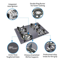 4 Burner Built in Glass Hob with Double Ring Forged Brass Burner Auto Ignition (1064 DLX DB)