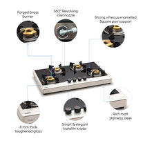 4 Burner Free Standing Glass Hob Forged Brass Burner Flame Failure Device Auto Ignition (1074 FS FB BW FFD AI)