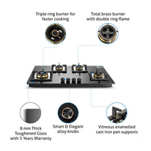 4 Burner Glass Gas Hob Top with Triple Ring, Mini TR Total Double Ring Brass Burner (1094XLCIHTT2TR)