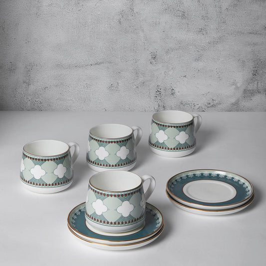 Claycraft India Circus Grandeur Green Cup and Saucer Set of 8 | 22k Gold Accents (280ml)