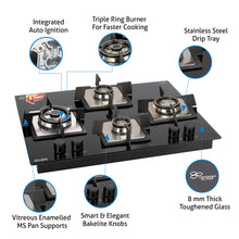 4 Burner Glass Hob Top Triple Ring Burner Double Ring Forged Brass Burner Auto Ignition (1065 X SQ HT DB TR)