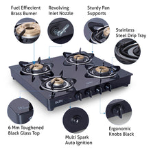 4 Burner Glass Gas Stove with Brass Burner Auto Ignition, Black (1043 GT BB BL AI)