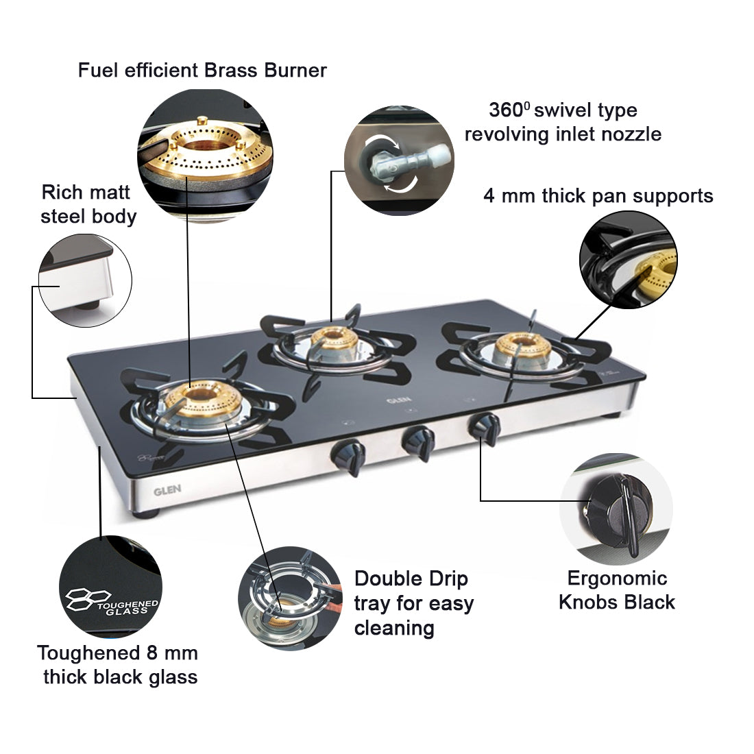 3 Burner Glass Gas Stove 1 High Flame 2 Brass Burners Double Drip trays (Z18242L)