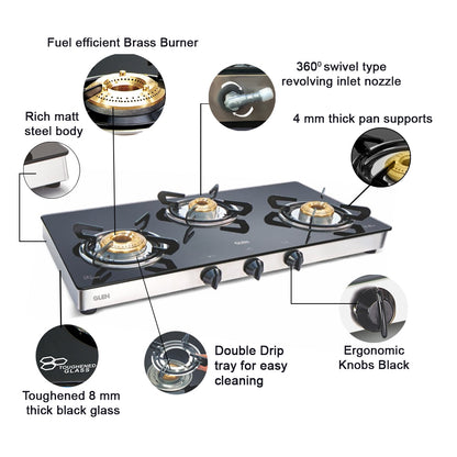 3 Burner Glass Gas Stove 1 High Flame 2 Brass Burners Double Drip trays (Z18242L)