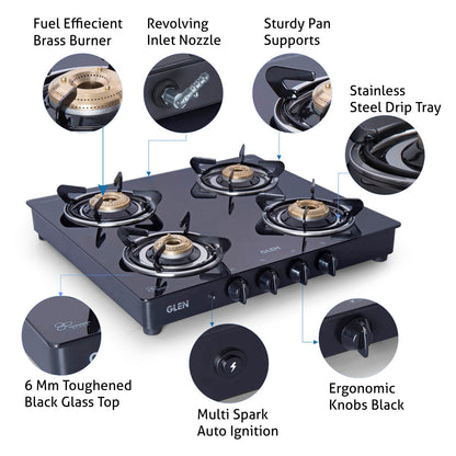 4 Burner Glass Gas Stove with Brass Burner Auto Ignition, Black (CT1044DLXGTBBBLAI)