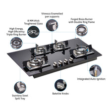 4 Burner Glass Gas Hob Top Triple Ring Burner Double Ring Forged Brass Burner Auto Ignition (1074 SQHTDBTR)