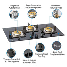 3 Burner Built In Glass Hob Italian Double Ring Burner Flame Failure Device, Auto Ignition (1073 SQ IN BB FFD)