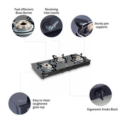 3 Burner Glass Gas Stove with High Flame Brass Burner Double Drip Tray (1032 GT HF BB DD BL) - Manual/Auto Ignition