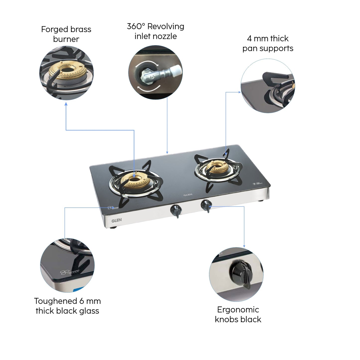 2 Burner LPG Glass Gas Stove with High Flame Forged Brass Burner (1021GTFBHF) - Manual/Auto Ignition