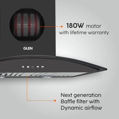 Electric Kitchen Chimney, Curved Glass SS Baffle filters 60cm 1100 mB3/h - Black (6071 IN BLK)