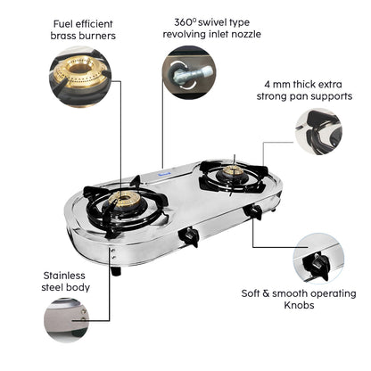 2 Burner Stainless Steel  Gas Stove with Brass Burner (1026 SS)