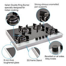 4 Burner Glass Hob Top SS Frame Italian Double Ring Burner Auto Ignition (1074 FIN BW)