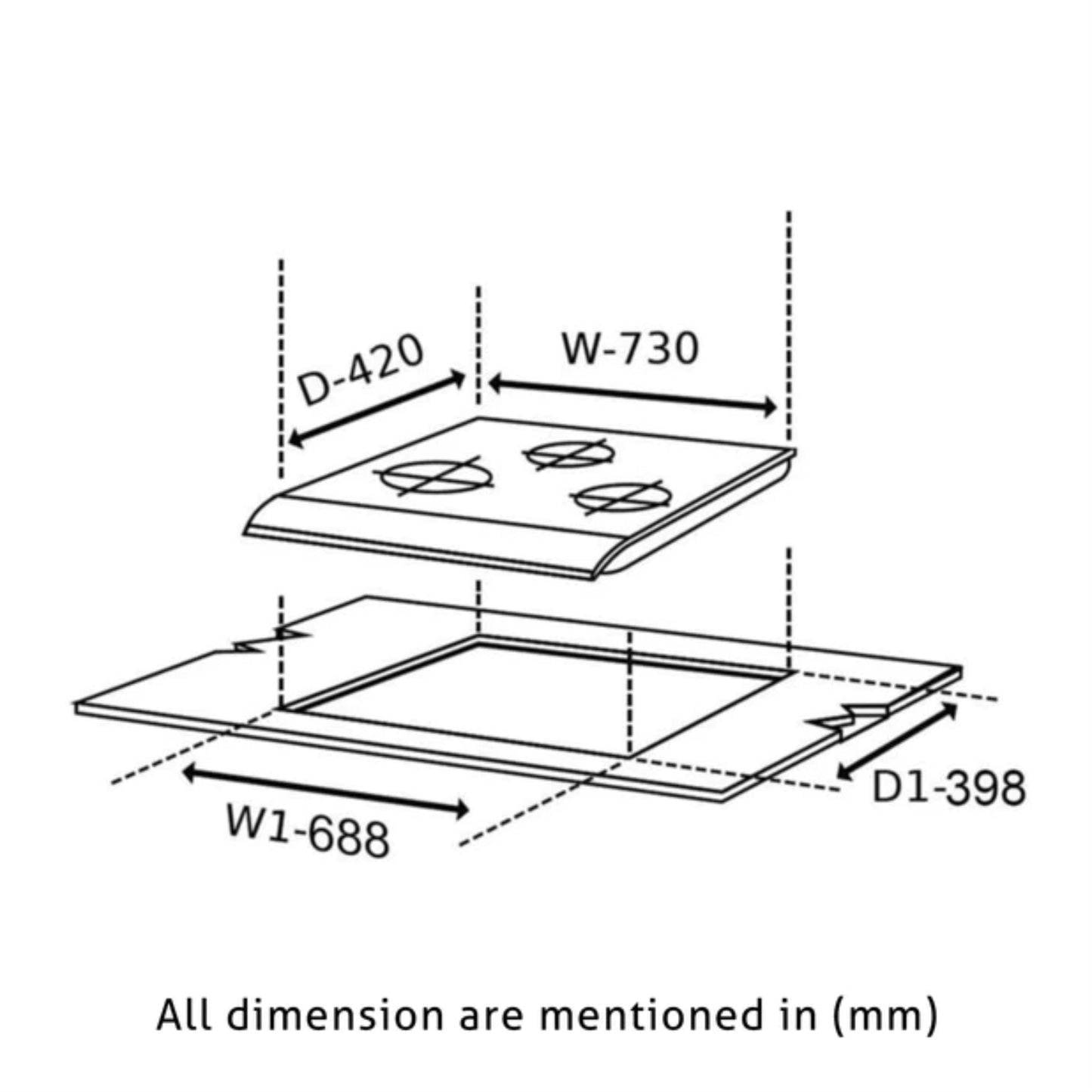 3 Burner Built in Glass Hob with Italian Double Ring Burners Auto Ignition (1073 SQ IN)