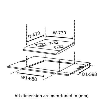 3 Burner Built in Glass Hob with Italian Double Ring Burners Auto Ignition (1073 SQ IN)