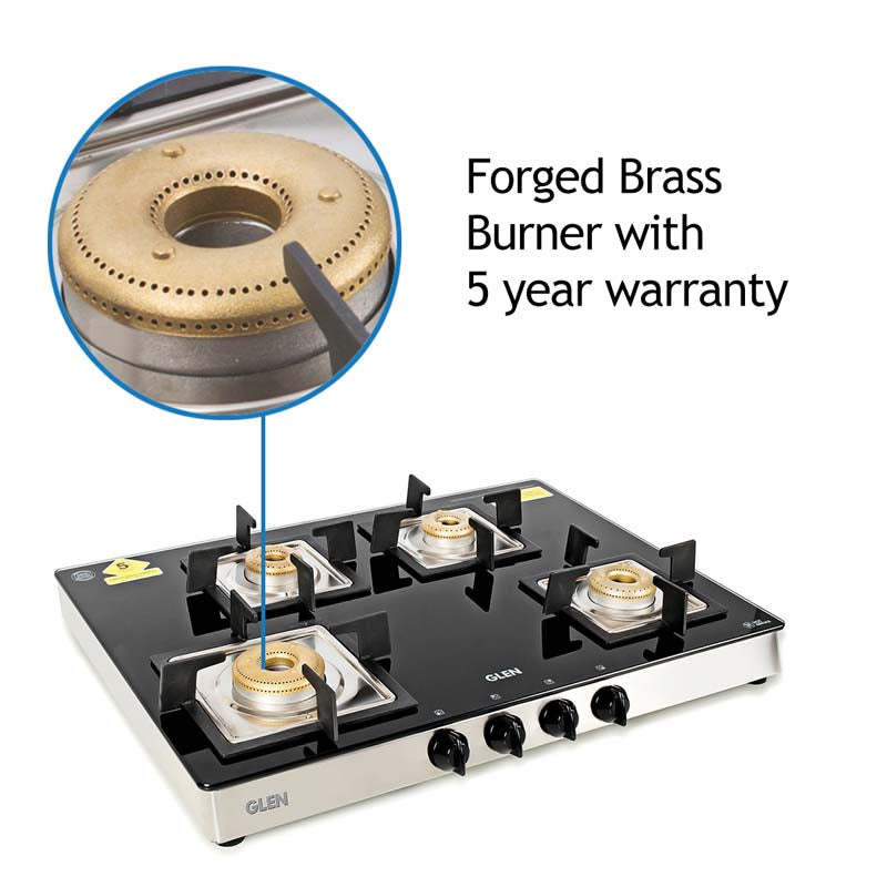 4 Burner Glass Gas Stove 1 High Flame 3 Forged Brass Burner 70 CM (1048 GT SQFB)