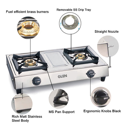 2 Burner Stainless Steel  Gas Stove with Brass Burner (1021 SS BB)
