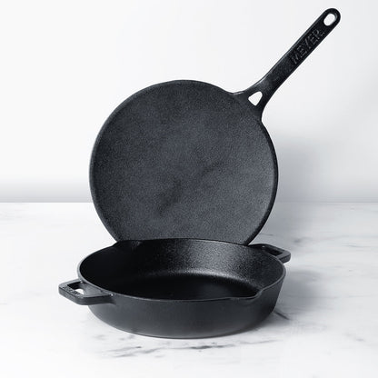Meyer Pre Seasoned Cast Iron 2pcs Set (24cm Frypan/Skillet + 26cm Curved Roti Tawa)
