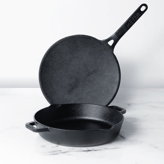 Meyer Pre Seasoned Cast Iron 2pcs Set (24cm Frypan/Skillet + 26cm Curved Roti Tawa)