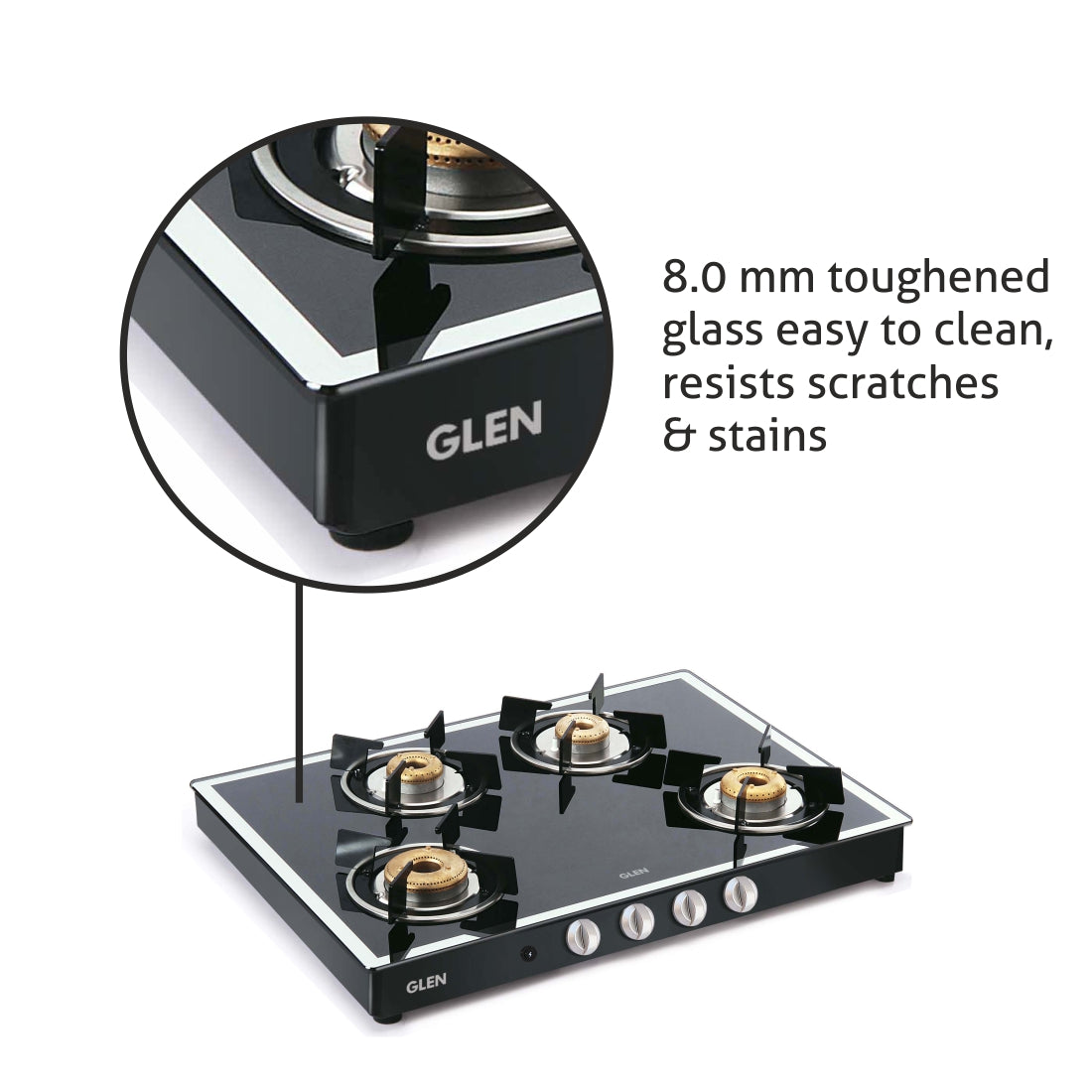 4 Burner Glass Gas Stove Mirror Finish 1 High Flame 3 Forged Brass Burners Auto Ign 70 CM Black (1048GT FBMBLAI)