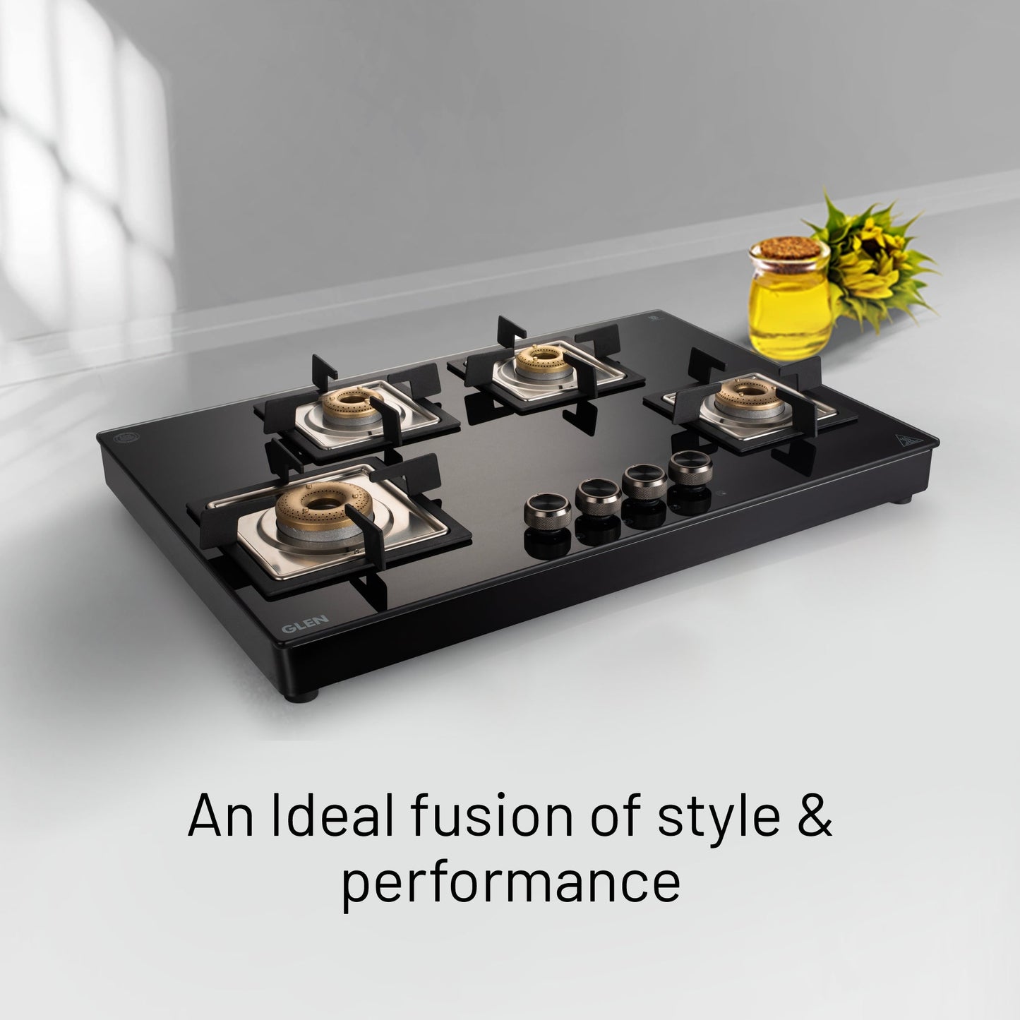 4 Burner Free Standing Glass Hob Forged Brass Burner Auto Ignition Black (BH1074SQFSFBBLAI)