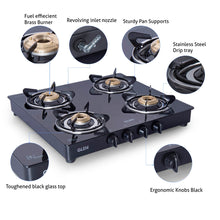 4 Burner Glass Gas Stove with Brass Burner, Black (1043 GT BB BL)