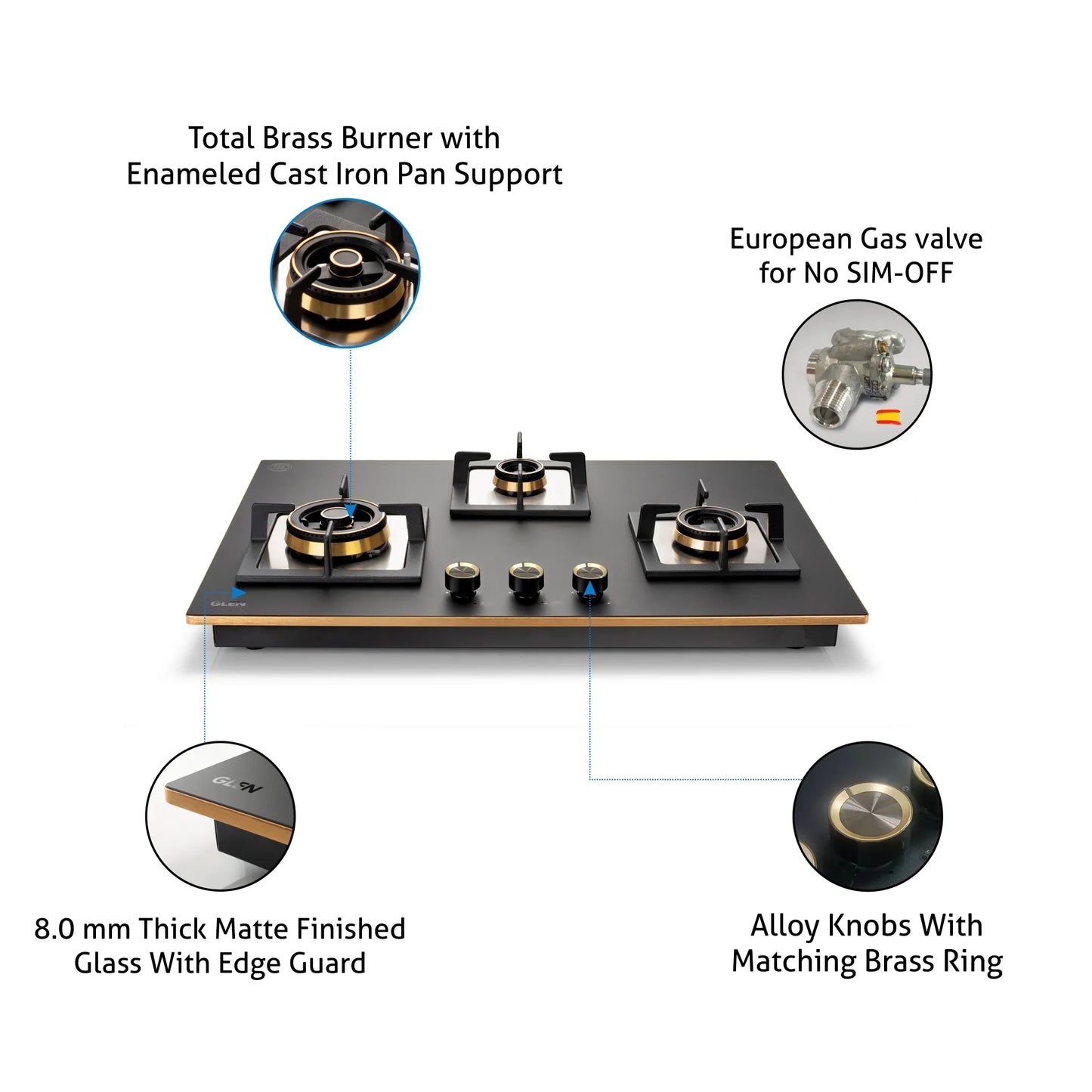 3 Burner Glass Hob Top Mini Triple Ring Burner Total Brass Burners with Flame Failure Device Auto Ignition (1073XLCIHTTTRMGS)