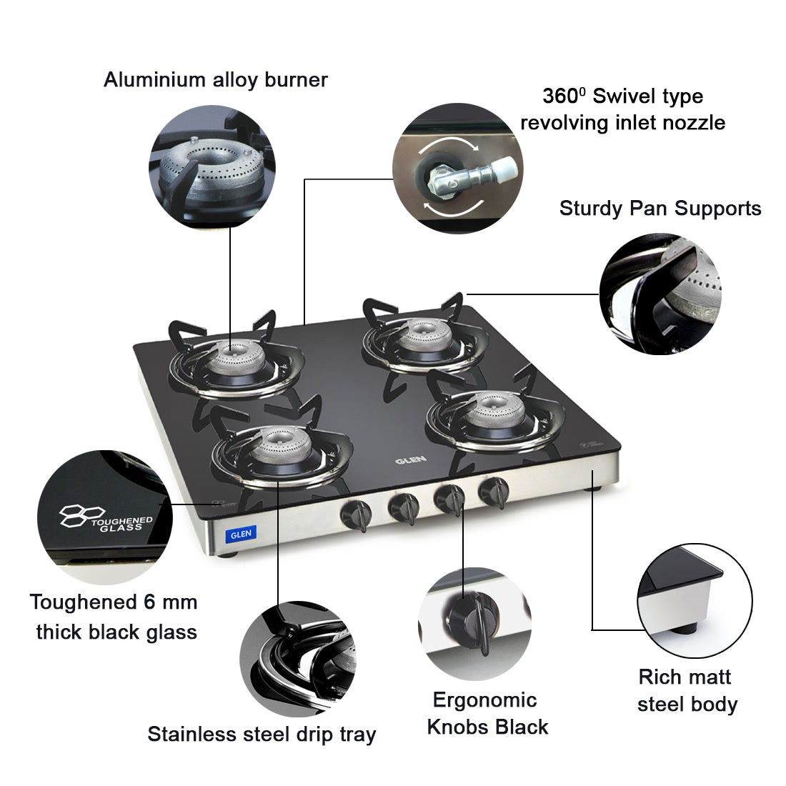 4 Burner Glass Gas Stove with Aluminium Alloy Burners (1043 GT AL)