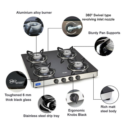 4 Burner Glass Gas Stove with Aluminium Alloy Burners (1043 GT AL)
