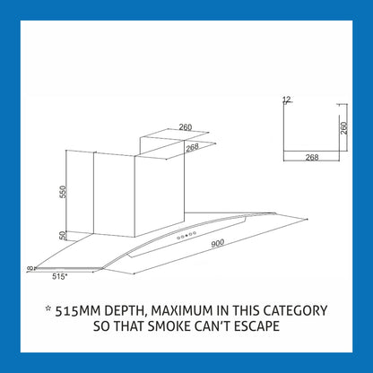 Kitchen Chimney Curved Glass, Glass Front Panel Baffle filter 90cm 1250 m3/h -Silver (6071 GF)