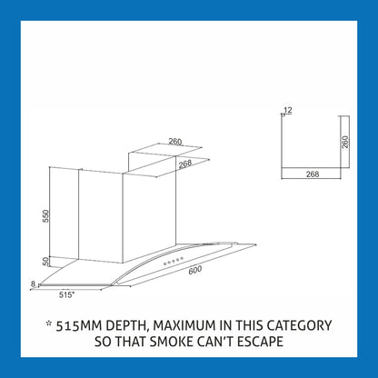 Kitchen Chimney Curved Glass Push Buttons Baffle filter 60cm 1000 m3/h -Silver (6071 SS)