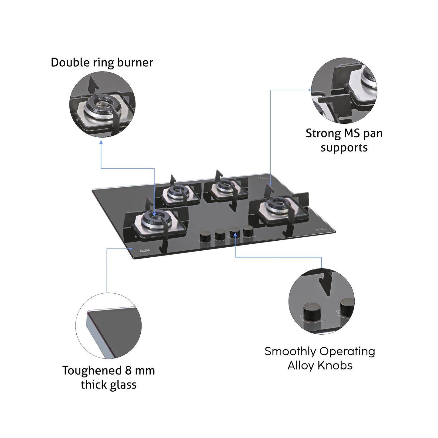 4 Burner Built-in Glass Gas Hob with Italian Double Ring Burner Auto Ignition (1074 SQ IN)