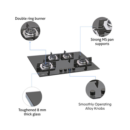 4 Burner Built-in Glass Gas Hob with Italian Double Ring Burner Auto Ignition (1074 SQ IN)