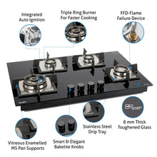 4 Burner Glass Hob Top Triple Ring, Double Ring Forged Brass Burner Flame Failure Device Auto Ign (1074 SQHTTRFFD)
