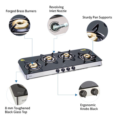 4 Burner Glass Gas Stove Extra Wide 1 High Flame 3 Forged Brass Burner (1049 GT FB)